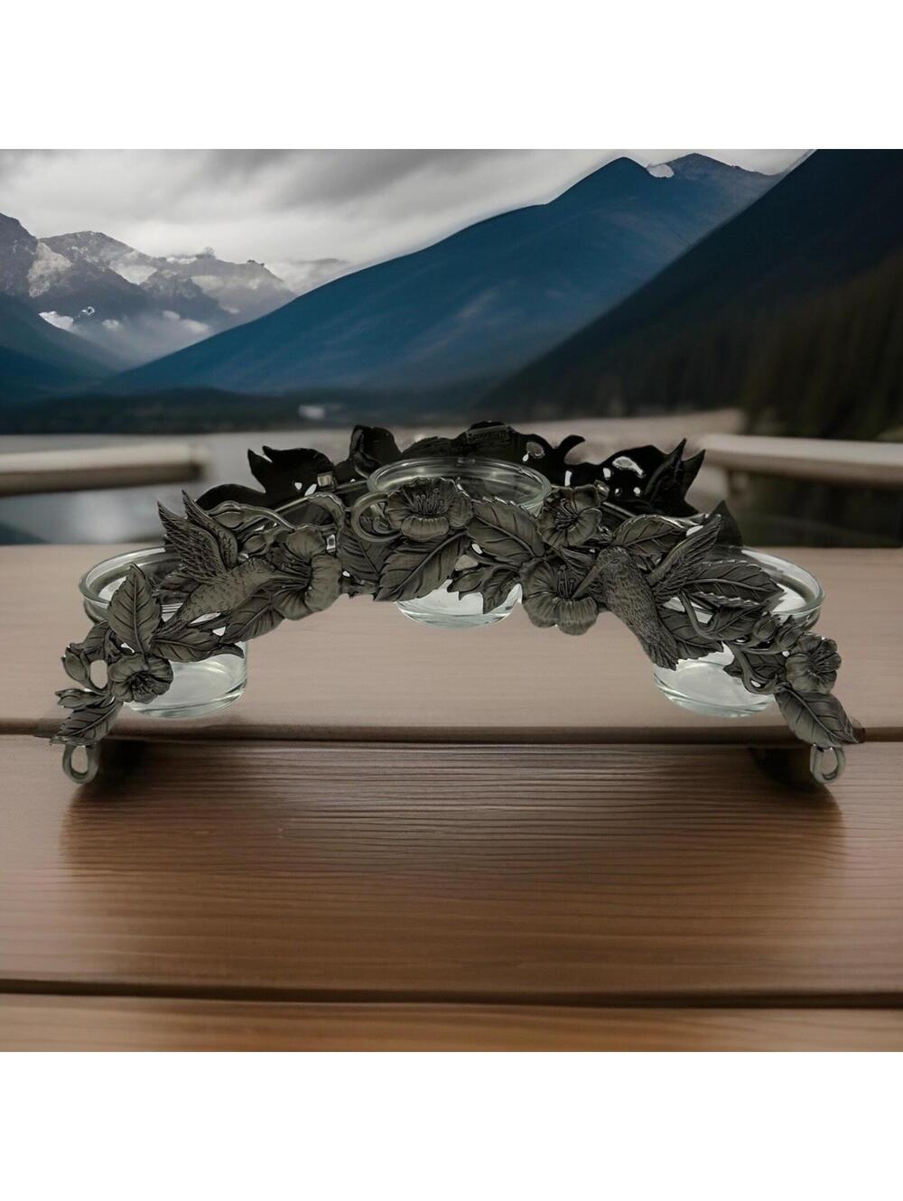 Vintage Spoontiques Pewter Arched 3-Votive Candle Holder Hummingbird & Hibiscus